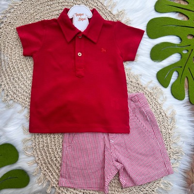 Conj Camiseta gola Polo e Short Xadrez Vermelho